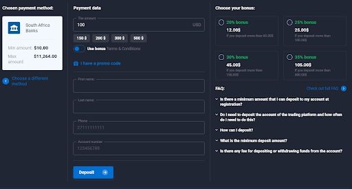 Quotex deposit amount selection