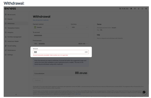 Exness withdrawal error message